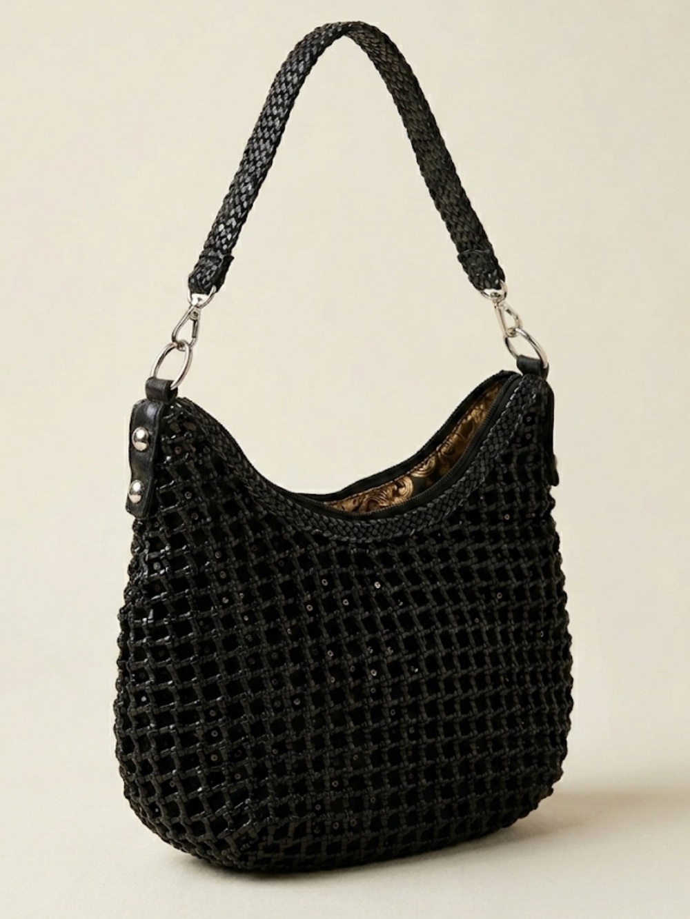 Black Lattice‑Texture Shoulder Bag Trendy Statement Purse | Glossy Y2K | Modern